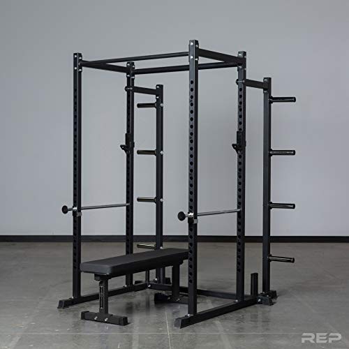 REP Fitness PR-1100 Power Rack Home Gym System, Squat Cage with Attachment Compatibility Multi-Grip Pull Up Bar, Adjustable J Cups, Extended Safeties, 700 lb Capacity, Strength Training Equipment - style: Power Rack + FB-3000 Flat Bench + Weight Storage
