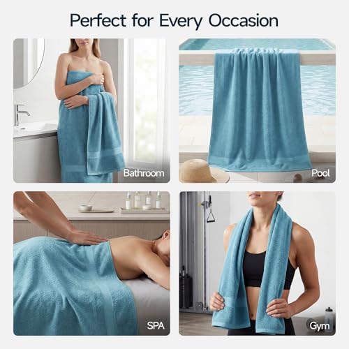 ecolook 2 Pack 100% Cotton Bath Towels, 28 x 55 Inches, Soft | Lightweight, Highly Absorbent & Quick Dry Body Towels for Bathroom, Shower, Gym & Daily Use, Blue - color: Blue