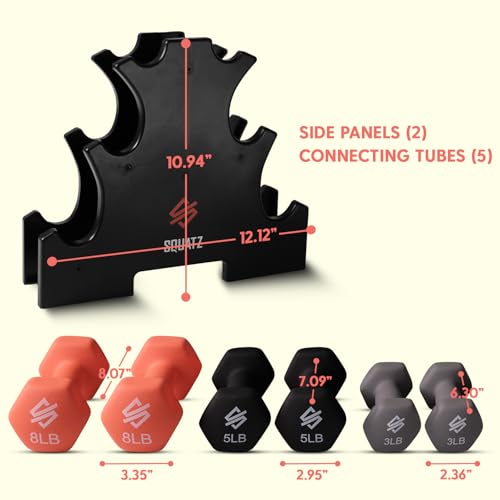 SQUATZ Dumbbell Weights Set with Stand, 32lbs Neoprene Coated Weights in Color Gray, Black, and Orange, Hex Shape Anti Slip and Roll Dumbbells for Exercise, Training, Fitness, Yoga
