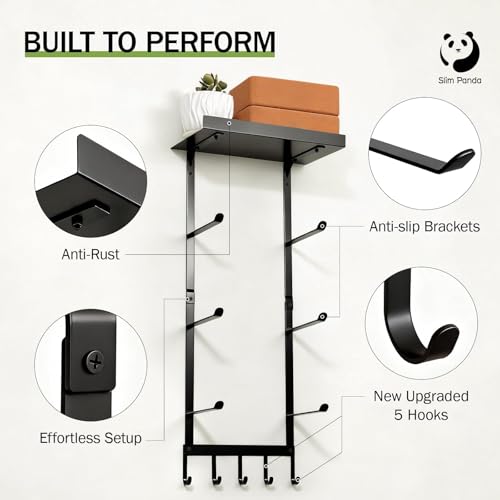 Yoga Mat Holder Wall Mount with Mesh Bag, 4-Tier Metal Storage Rack with Floating Shelf & 5 Hooks, Large Home Gym Organizer for Foam Rollers, Resistance Bands & Yoga Accessories