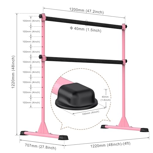 Freestanding Height Adjustable Ballet Barre - color: 4ft (Fabric Covered Crossbar, Pink)