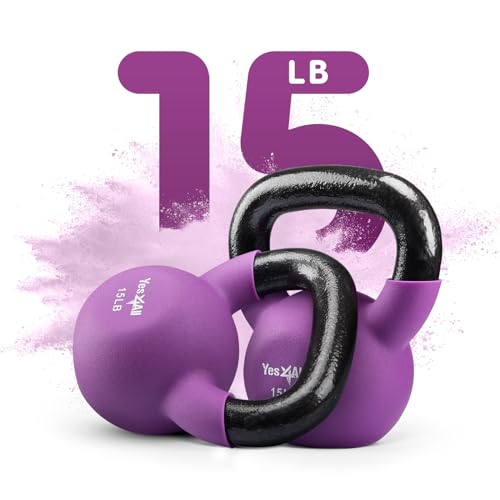 Yes4All Kettlebell - 5, 10 & 15 LB Neoprene Coated Cast Iron Kettlebells, Wide Grip Handle & Flat Bottom for Swings, Squats, Deadlifts, Push Ups & Full Body Training at Home Gym