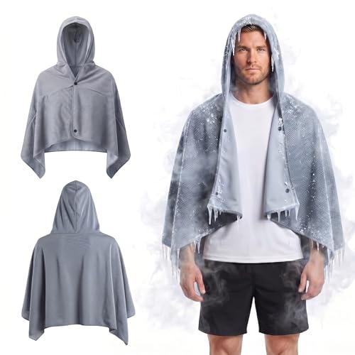 Cooling Hooded Beach Towel Cloak for Men Women - UPF 50+ Sun Proteciton Double Layer PVA Fabric Cool Towel Cape, Instant Cooling Soft Ice Towelfor Beach Yoga Camping (Gray) - color: Gray