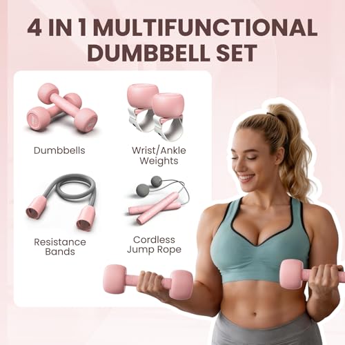 HTQ Adjustable Dumbbells, 5 in 1 Dumbbells Set Used as Barbell, Kettlebells, Jump Rope, Wrist Weights, Resistance Band, Fitness Exercises for Home Gym Suitable for Women, Pink/Green