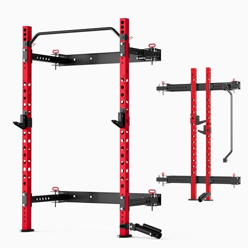 MU 2" x 2" Folding Squat Rack, 1100LBS Wall Mounted Power Rack with Adjustable Pull Up Bar, J Hooks, Landmine, Foldable Squat Rack for Home Gym, Garage, Training Studios (Black and Red)