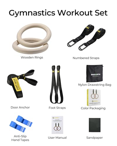 Gymnastics Rings 32mm Wooden Olympic Rings Support 1500lbs Locked Carabiners 9ft Double-Layer Numbered Straps Non-Slip Gym Rings with Foot Straps Door Anchor for Home Gym Full Body Workout - style: 01-1.25" Buckle Rings & Straps & Door Anchor & Foot Strap