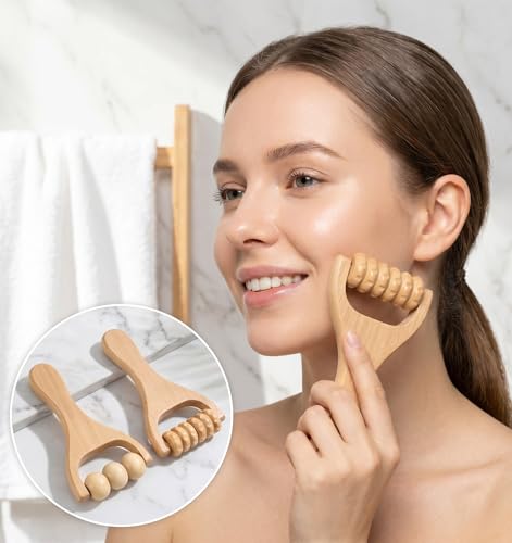 2 Pcs Wooden Massage Roller Handheld Bead Massage Tool for Muscle Relief, Body Care Manual Tool for Neck Back Leg Foot, Handheld 3 Bead Gear Roller for Home Gym Travel