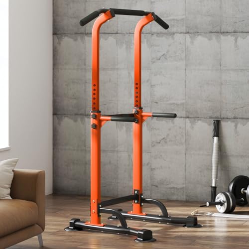 SogesPower Power Tower Dip Station Pull Up Bar for Home Gym Adjustable Height Strength Training Workout Equipment,Pull Up Bar Station - color: Orange
