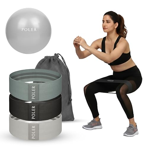 Poler Booty Resistance Bands Set for Women – 3 Fabric Bands (Light, Medium, Heavy) + Pilates Ball – Non-Slip Glute & Leg Workout Kit for Home Fitness, Yoga & Strength Training