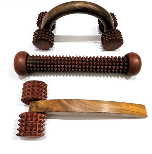Wooden Massage Roller Set of 3, Acupressure Body Massager, Spiked Rollers for Muscle Relief