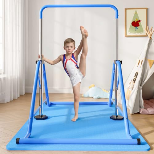 Expandable Gymnastics Bars 45''-61'' with Side Support Bars for Kids - color: Blue with mat