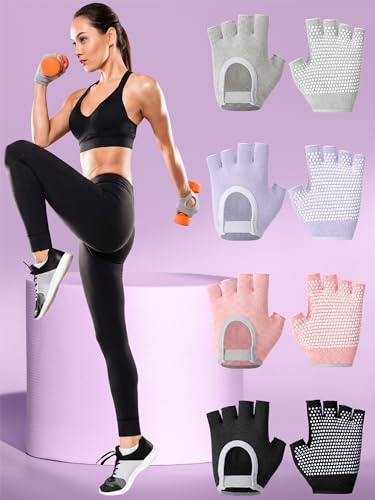Fourluoo 4 Pcs Women Workout Gloves - color: Black, Pink, Gray, Purple