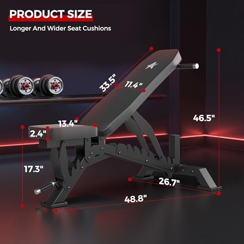 Weight Bench, Adjustable Workout Bench for Home Gym Full Body Workout, 1300LBS Weight Capacity Bench Press, Flat/Incline Bench with 33" Extra-Long Backrest & Wheels - color: black