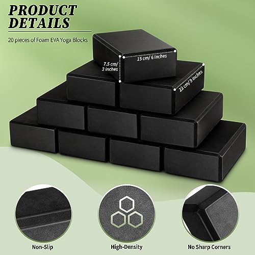 20 Pcs Foam EVA Yoga Blocks - High Density Non Slip Supportive Foam Blocks - Lightweight Black Yoga Bricks - Props for Women, Men, Beginners, Pilates, Meditation