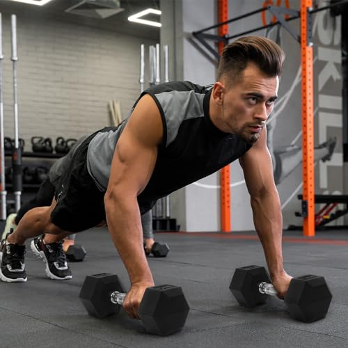 Signature Fitness Rubber Encased Hex Dumbbells with Optional Rack, 10 15 20LB Pairs and 5, 10 and 15 Pairs Weight Sets for Home Gym