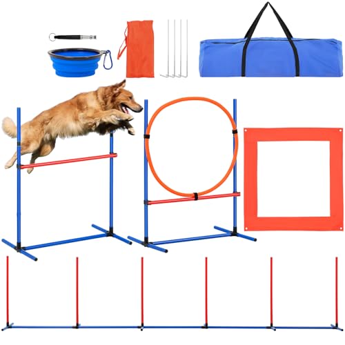 Happybuy Dog Agility Training Equipment, 4 PCS Set with Adjustable High Hurdles,6 Weave Poles,Jump Ring,Square Pause Box,Whistle,Foldable Bowl, Puppy Obstacle Course Kit for Backyard, Indoor, Outdoor
