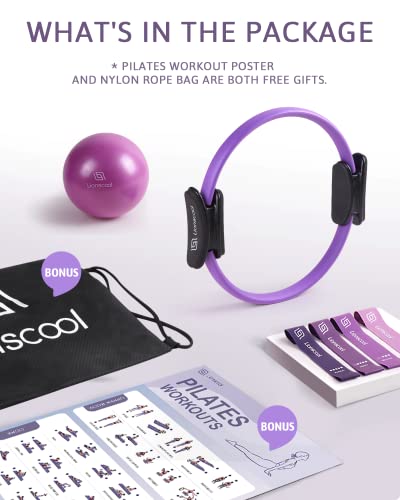 Pilates Ring Set – 14" Anti-Deformation Magic Circle with Padded Handles, Mini Ball, Resistance Bands, Guide & Bag - color: Purple