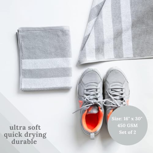 Luzia Striped Workout Towel for Sweat (Pack of 2) - Premium Quality 100% Turkish Cotton - Lightweight and Super Absorbent for Exercise, Sports, Workout, Fitness, Gym, Yoga, Running (Gray)