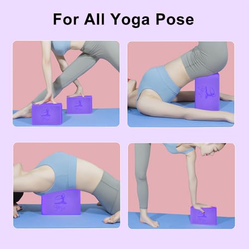 RETON Yoga Blocks Set, High - Density Yoga Block with 2 Strap, Lightweight Foam Brick Yoga Pilates Blocks, Anti-Slip Yoga Brick with Embossed Design for Posture Adjustment and Movement Assistance - color: Purple