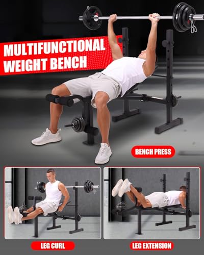 OPPSDECOR Standard Weight Bench Set with Squat Rack, 600LBS Adjustable Bench Press Set with Leg Extension and Leg Curl, Foldable Flat Incline Decline Workout Bench for Home Gym Full Body Training