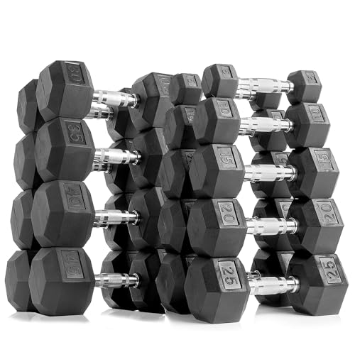 6-10 Pair Iron and Rubber Dumbbell Set 350/450 and 550 lbs 5-50 lbs Hand Free Weight for Strength Hex Coated Weights with Vertical Storage Rack Home Gym 5-50 lb - Black