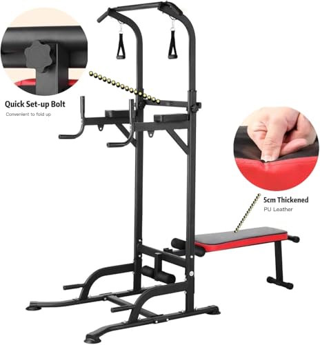 Power Tower with Bench, Pull Up Bar Stand, Dip Bar w/Folding Bench 4 Ropes Strength Training, Multi-Function Fitness Equipment for Home Gym, Adjustable Heights and Angles Dip Station, 400LBS