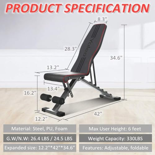 YOLEO Adjustable Weight Bench, Foldable Full Body Workout Benches Strength Training Folding Bench 330 lbs Weights Capacity, Decline/Incline/Flat, Exercise Equipment, Fitness Bench for Home Gym Machine