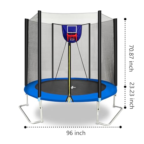 1500LBS 10FT 12FT 14FT 16FT Trampoline for Kids Adults with Basketball Hoop, Enclosure Net, Sprinkler, Lights, Disco Ball with Music Speaker, Heavy Duty Trampoline Outdoor Trampolines - color: Blue - 8FT