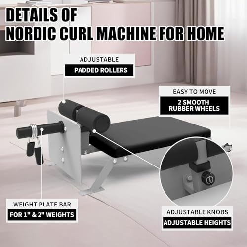 Takywep Adjustable Nordic Wave Trainer with Wheels, Heavy Duty Hamstring and Glute Bench, Compact Home Gym Strength Training Equipment, 450 lbs Weight Capacity