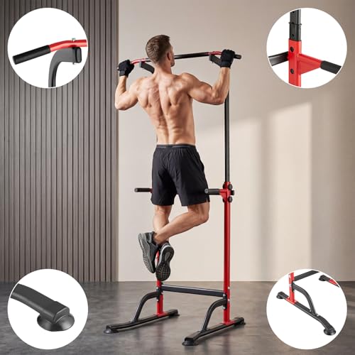 Power Tower Home Gym Strength Training Station Adjustable 10 Height Levels, Heavy-Duty Chin-Up Tower with Parallel Dip Handles, Bodyweight Workout Equipment for Pull-Ups, Dips, Knee Raises, Push-Ups, 330 Lb Capacity