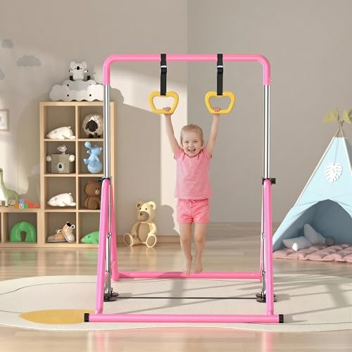 Expandable Kids Gymnastics Kip Bar - Upgraded Dual Base, Folding Adjustable Height 44''-60'', 350LBS Weight Limit, Anti-Slip Suction Feet, Home Training Bar for Kids Ages 3-13 (Pink)