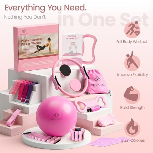 Pilates Equipment Kit 19 Piece, Home Pilates Workout Kit for Women, 14.5" Pilates Ring and Ball Set with Adjustable Ankle Wrist Weights, 5 Resistance Bands,Sliders & Grip Socks,Workout Guide Included