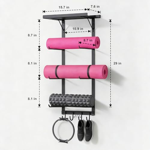 Black Wall Mount Yoga Mat Holder with Floating Shelf & 5 Hooks, Home Gym Storage Rack for Yoga Mats, Foam Rollers and Resistance Bands, Metal