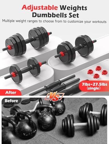 UKEEP Adjustable Dumbbells Set, 20/30/40/55/60/80lbs Free Weight Set with Connector, 2 or 3 in 1 Dumbbells Set Used as Barbell, Kettlebells, Fitness Exercises for Home Gym Suitable Men/Women - style: 55 lbs (27.5 lbs each)