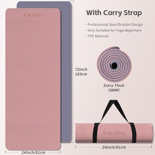 PAIDU Yoga Mat 8mm TPE Non‑Slip Fitness Mat with Strap for Home Workouts - color: Deep Pink&Grey