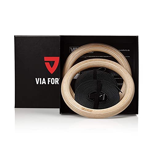 VIA Fortis® Premium Wooden Gym Rings with Straps, Bag & Workout Guide - Gym Rings for Calisthenics & Crossfit in Competition Design - Extra Wide Straps with Markings