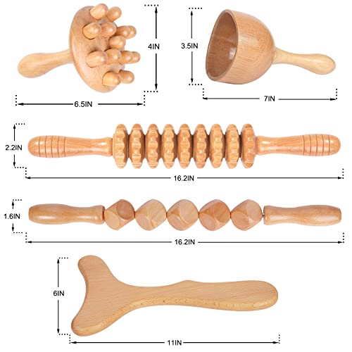 Wood Therapy Massage Tools 5-in-1 Lymphatic Drainage Massager Maderoterapia Kit Wooden Massager Body Sculpting Tools for Muscle Pain Relief, Anti-Cellulite, Body Contouring and Shaping