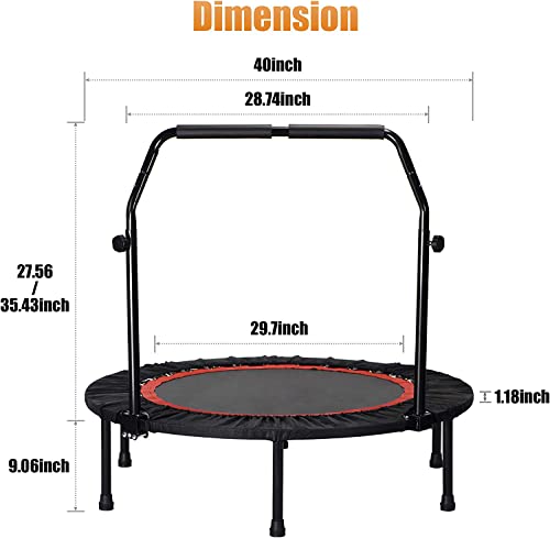 40'' Fitness Trampoline with 4 Levels Height Adjustable Foam Handle, Foldable Mini Rebounder for Adults Home Indoor Workout, 6-Leg Exercise Trampoline, Max Load 330lbs