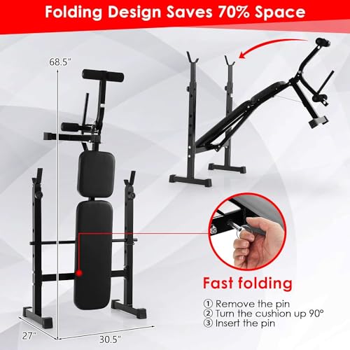 GYMAX Adjustable Weight Bench, Foldable Weight Bench with Squat Racks, Leg Extension & Leg Curl, Strength Training Workout Bench Press, Olympic Weight Lifting Bench Set for Home Gym