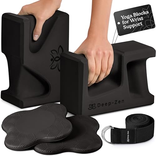 PRO Yoga Blocks | Ergonomic Yoga Block 2 Pack for Wrist Comfort and Support | EVA Foam Exercise Blocks, 2x Knee Pads & Yoga Strap | Pilates Block Set | Bricks to Eliminate Wrist Pain - color: Black