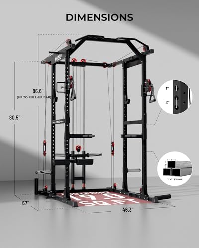 Mikolo K6 2.0 Power Cage, Power Rack with Cable Crossover System, 2000LBS Squat Rack with LAT Pull Down System, Functional Trainer with Aluminum Pulley System for Home Gym
