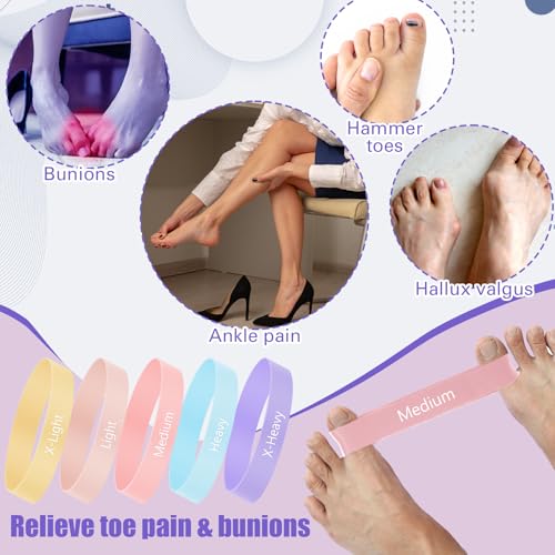 Set of 5 Toe Stretcher Band Separator Spacer Bunion Correction Hallux Valgus Alignment Foot Stretcher Straightener Resistance Loop Yoga Exercise Foot Care with Carry Bag(Pastel)