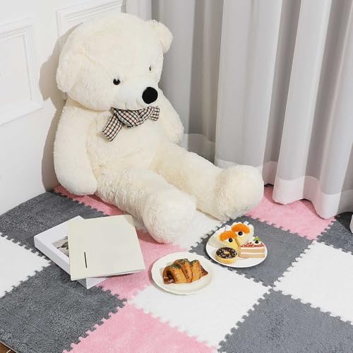 18 Pcs Plush Foam Floor Mat Square Interlocking Carpet Tiles with Border Fluffy Play Mat Floor Tiles Soft Climbing Area Rugs for Home Playroom, 12 x 12 x 0.4 in(White, Pink, Gray)