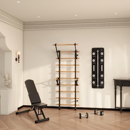 DHT Wood Stall Bar, Swedish Ladder Suspension Trainer with 9 Strategic Rods, for Home, Gym, School and Clinics, Black - color: WA2