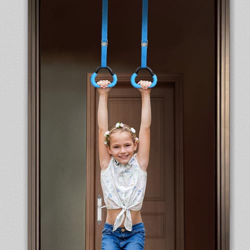 ’s Adjustable Gymnastic Rings Set with 1m Straps, Blue Cartoon Design, Strength Training Equipment for Pull-ups and Fitness Workout