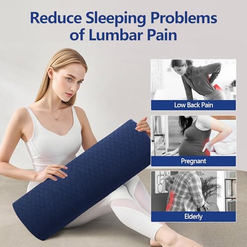 Cozyhealth - 2.95" H*18.7" L - Soft Small Lumbar Pillow for Sleeping, Memory Foam Back Lumbar Support Cushion for Lower Back Pain Relief Bed Waist Sleep Support Pillow for Side, Back(Dark Blue, Small)