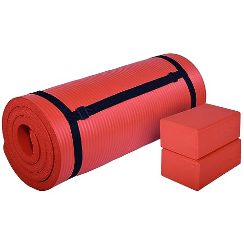 BalanceFrom 71x24 Inches Yoga Mat with Knee Pad and Optional Blocks – Extra 1-Inch Thick Non-Slip Foam with Anti-Tear Surface and Carrying Strap for Home, Studio, or Gym Workouts
