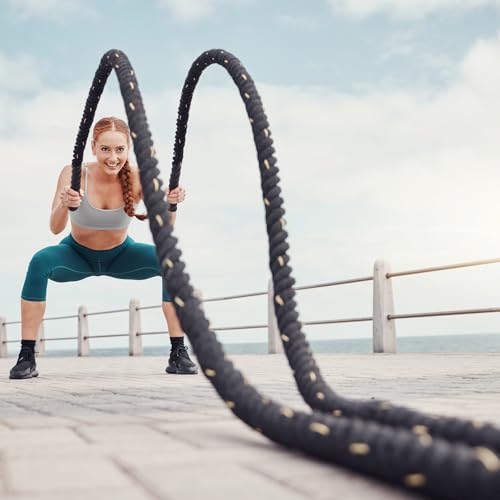 MECCANIXITY Battle Rope 10ft x 1 Inch Polyester Workout Rope Heavy Fitness Exercise Rope for Strength Training Home Gym Muscle Building, Black