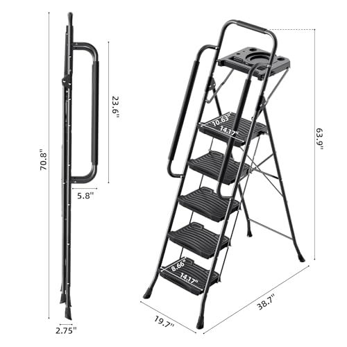 KINGRACK 5 Step Ladder with Tool Platform, 900 lbs Sturdy Step Stool with Handrail, Folding Steel Ladder with Wide Pedal, Safety Ladder for Adults Home Outdoor Painting Garage Office - size: 5-step with tool tray and handrail