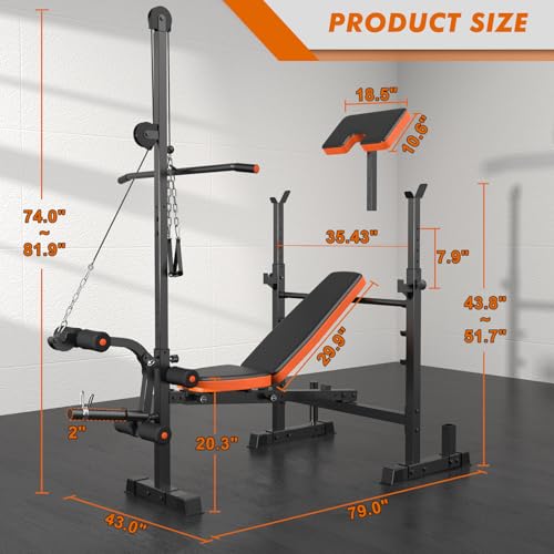 XDDIAS Bench Press Set, 880LBS Adjustable Weight Bench with Leg Extension and Preacher Curl Pad, 8 IN 1 Multi-Function Gym Bench with LAT Pulldown Pulley System, Full-Body Workout Home Gym Equipment - color: Black+Orange
